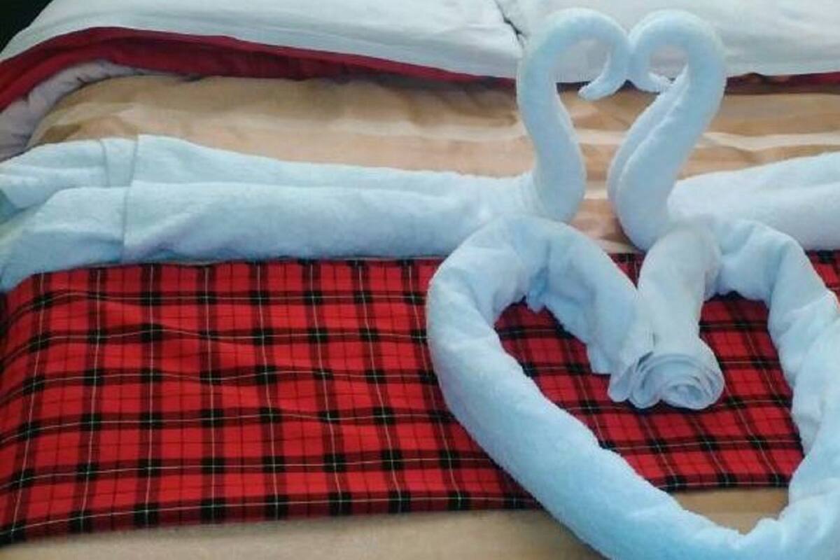 Ein Bett mit roter Karo-Decke und weißen Handtüchern, die in Herzform drapiert sind.