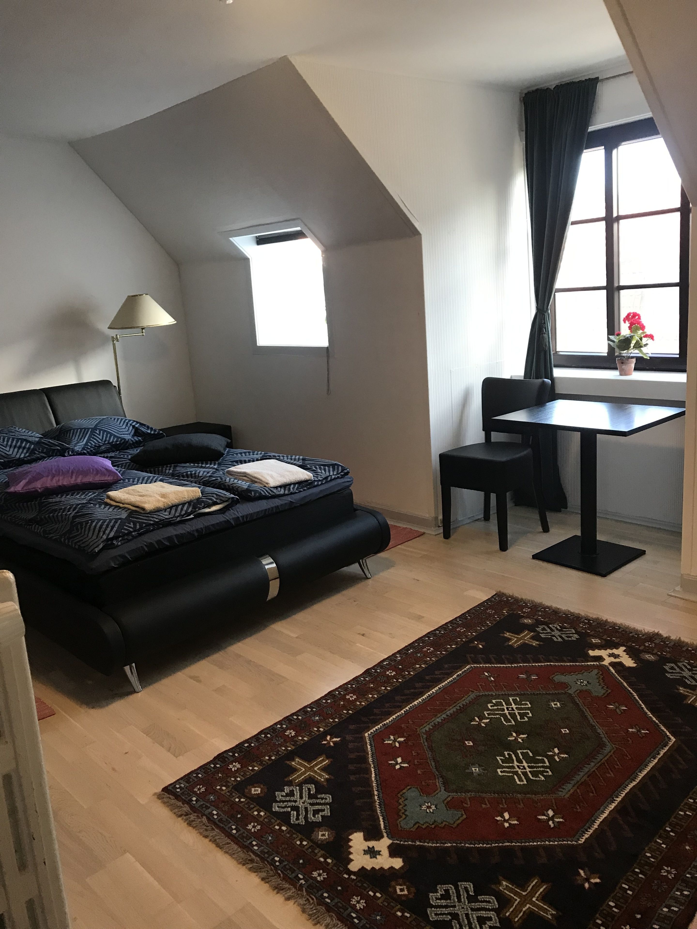 Un dormitorio con cama, escritorio, silla, ventana con cortinas, una mesita con planta en maceta y alfombra estampada.