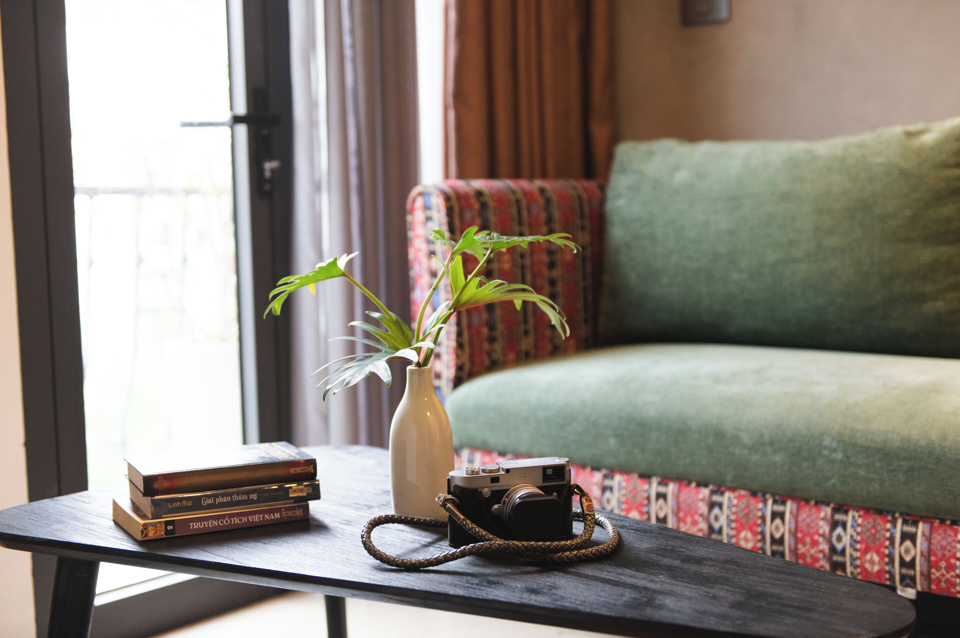 A table with a camera, a vase with a plant, and books.