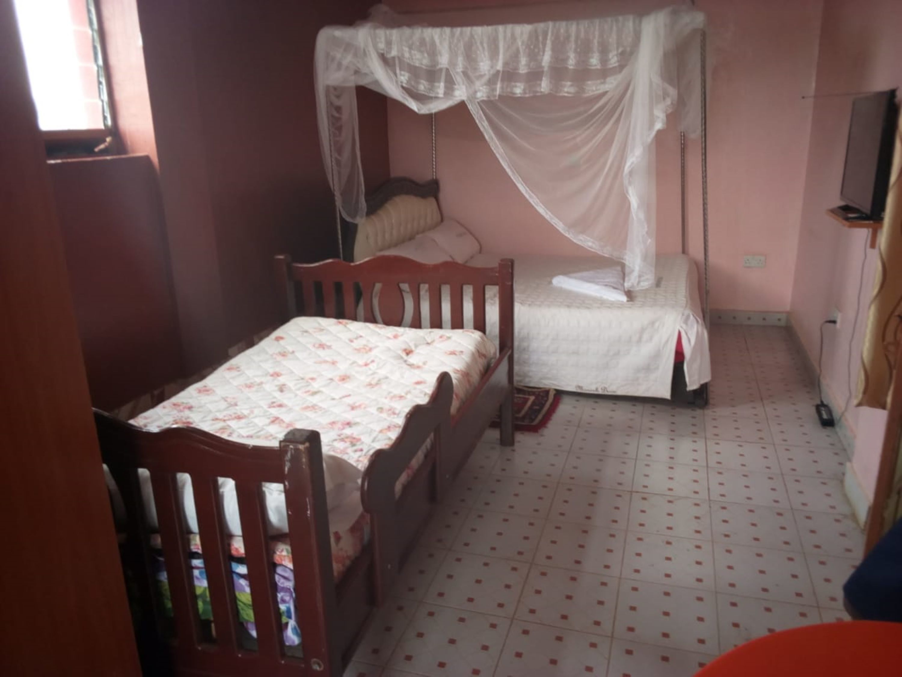 A bedroom with two beds, one with a canopy.