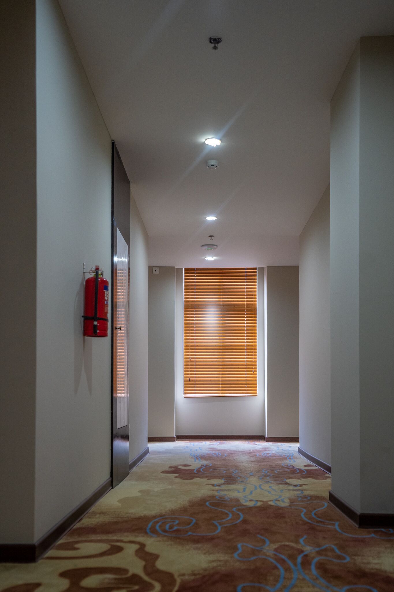 A narrow hallway with a patterned carpet, a fire extinguisher mounted on the wall, and a window with blinds.