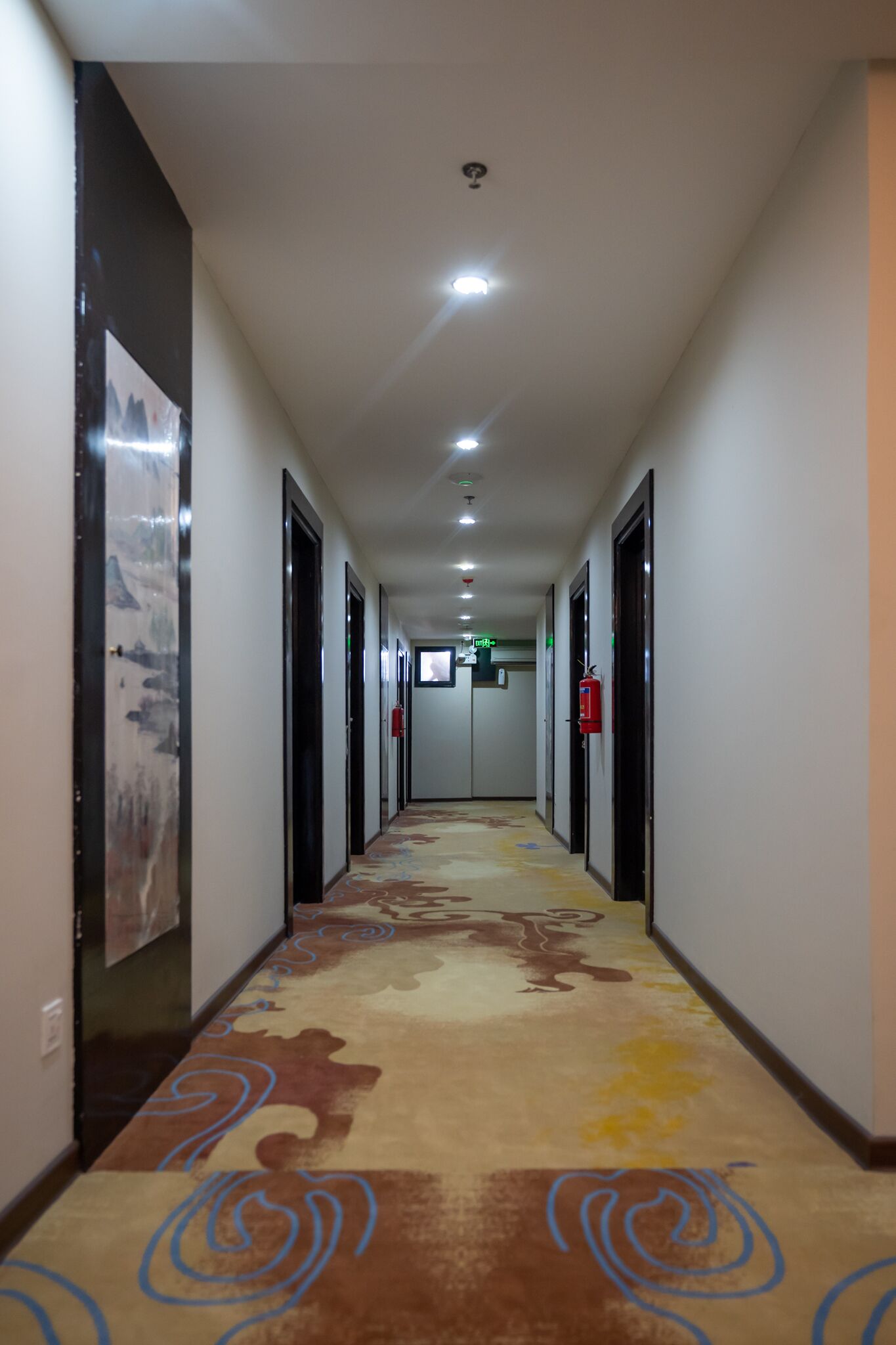 A hotel hallway with a patterned carpet, doors on both sides, and a fire extinguisher on the right wall.