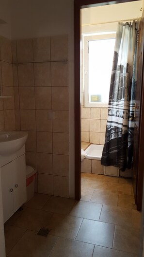 A bathroom with a toilet, sink, and shower area.