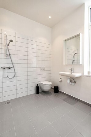 Estúdio, 1 cama Queen, cozinha americana, vista para a cidade | Banheiro | Chuveiro, secador de cabelo, toalhas de banho, sabonete