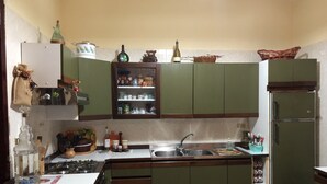 Cuina compacta amb armaris verds, un rentaplat i un frigorífic.