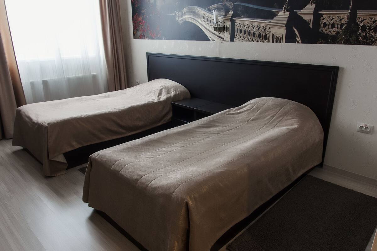 A hotel room with two single beds, a large window with sheer curtains, and a framed picture on the wall.