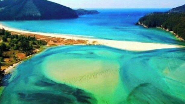 Luchtbeeld van een kustgebied met helder turquoise water, een zandstrand en beboste heuvels.
