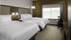 A hotel room with two beds, a desk, a chair, a nightstand, and a large window with a view. - Holiday Inn Express & Suites The Dalles by IHG (The Dalles)