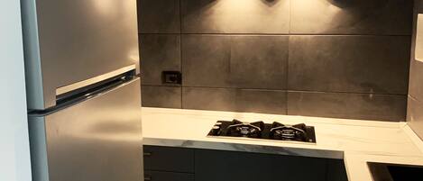 Fridge, oven, stovetop, coffee/tea maker