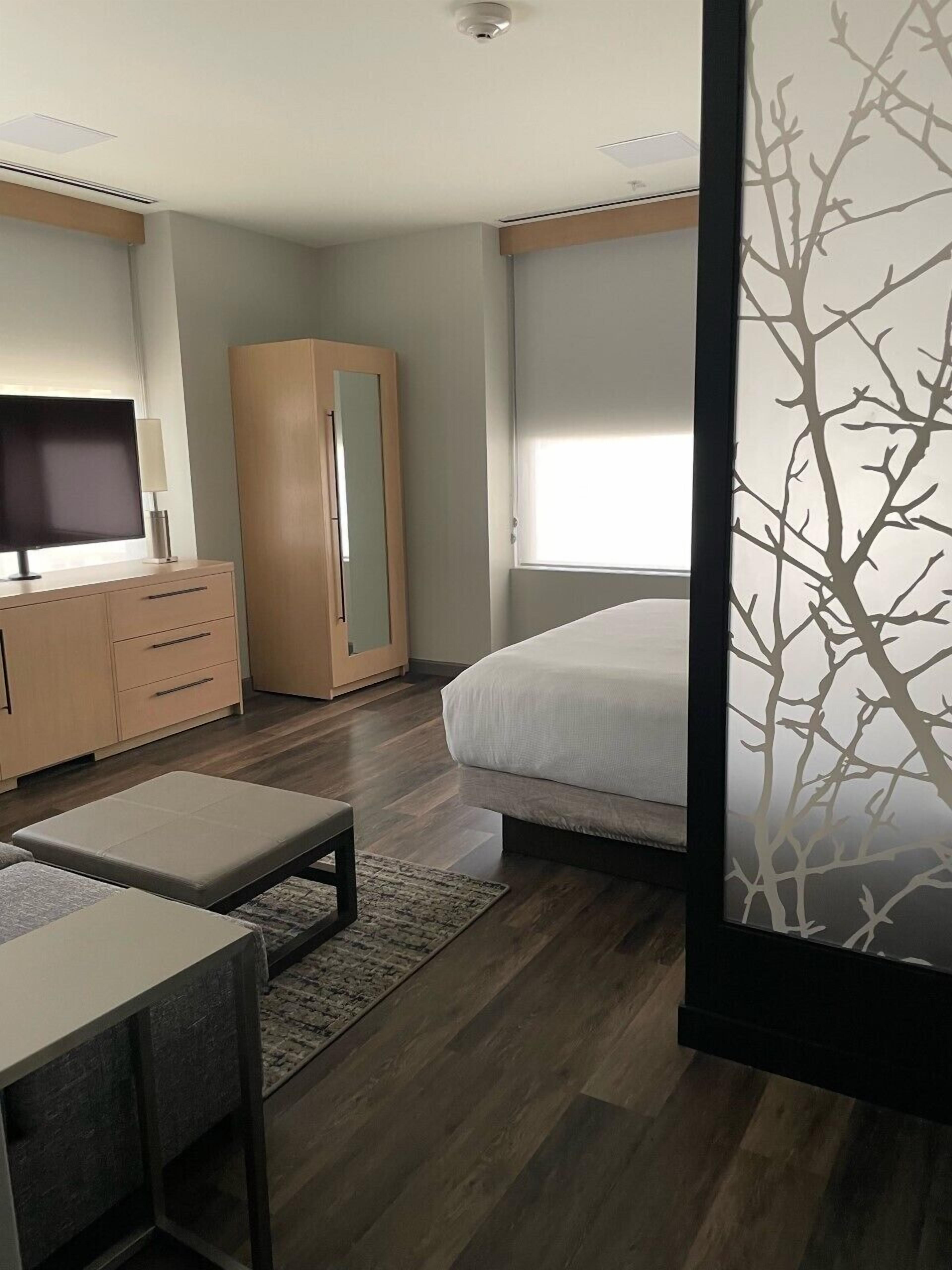 A modern bedroom with a bed, a TV, a wardrobe, and a desk.