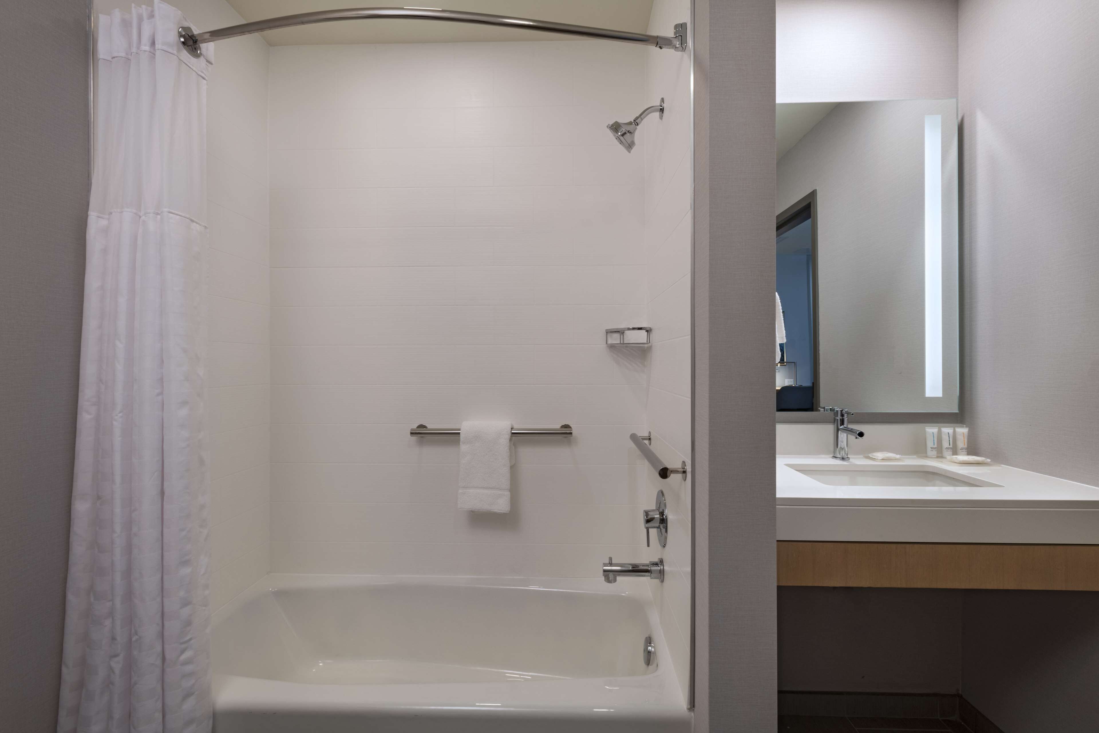 A modern bathroom with a bathtub, a shower, and a sink with a mirror.