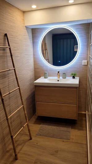 Hair dryer, towels, soap, toilet paper