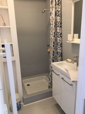 Hair dryer, towels, soap, shampoo