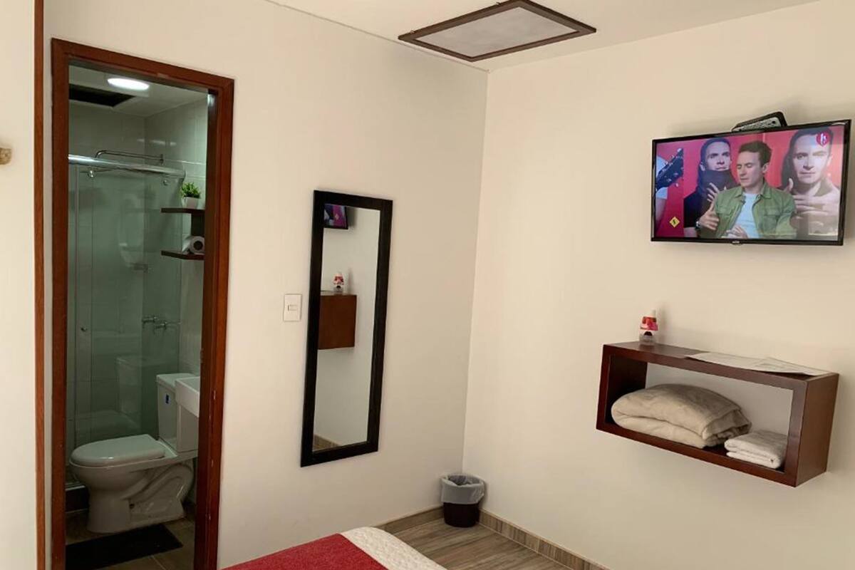 Une salle de bain avec une douche à parois de verre, des toilettes, un miroir, une étagère avec des serviettes et un téléviseur fixé au mur.