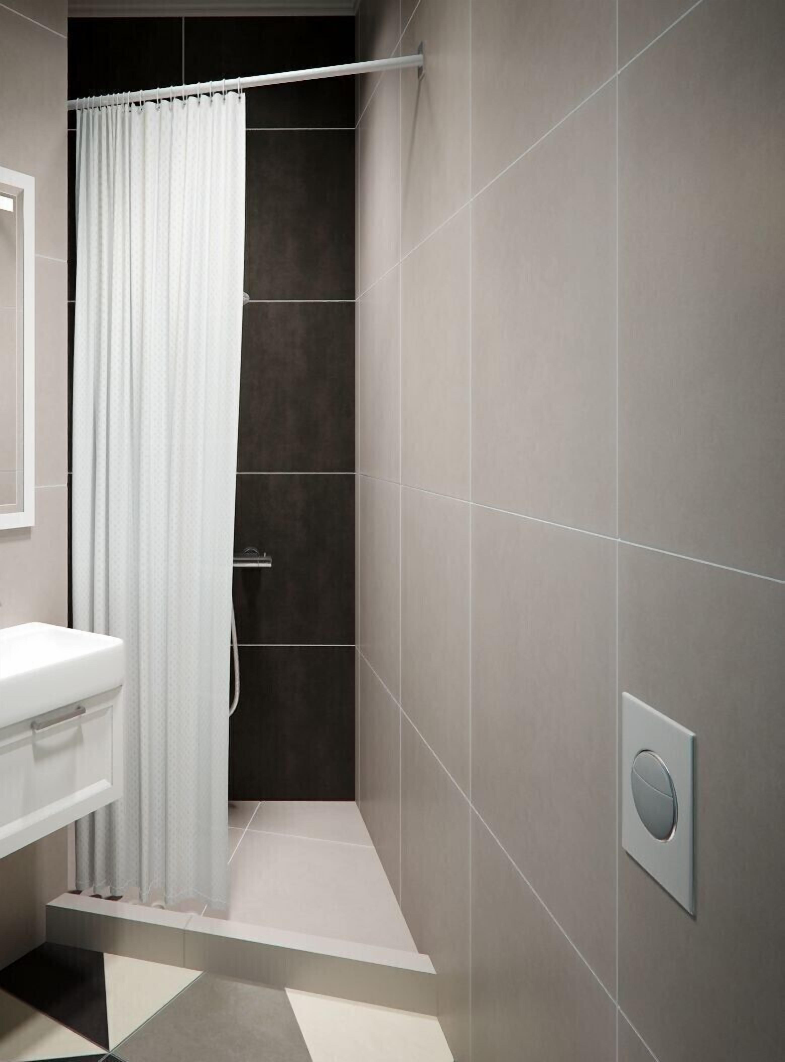 Shower, rainfall showerhead, hair dryer, slippers