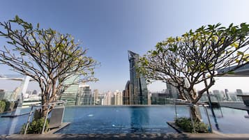 Outdoor pool, pool umbrellas, pool loungers