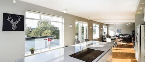 Appartement Deluxe, 3 chambres | Cuisine privée | Réfrigérateur, four à micro-ondes, un four, surface de cuisson