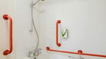 Hair dryer, towels, soap, shampoo