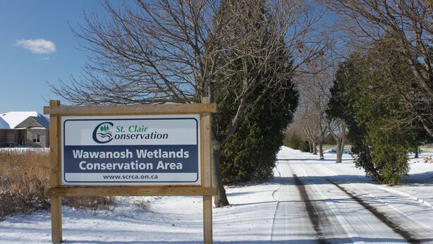A sign for St. Clair Conservation Area in Wawanosh Wetlands.