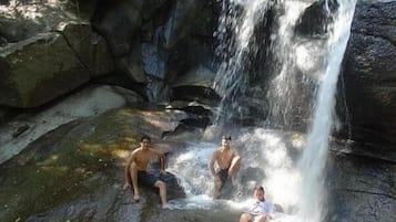 A natural rock formation with a waterfall, surrounded by greenery.