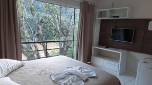 Quarto de hotel com uma cama grande, TV fixada na parede e varanda com vista para árvores e um rio.