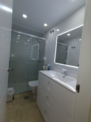 Regadera, secadora de cabello, bidet, toallas 