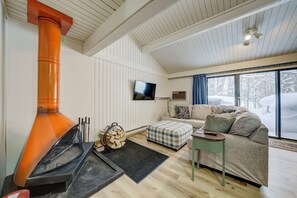 Smart TV, fireplace, books