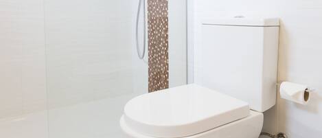 A modern bathroom with a glass shower enclosure, a white toilet, and a trash bin.