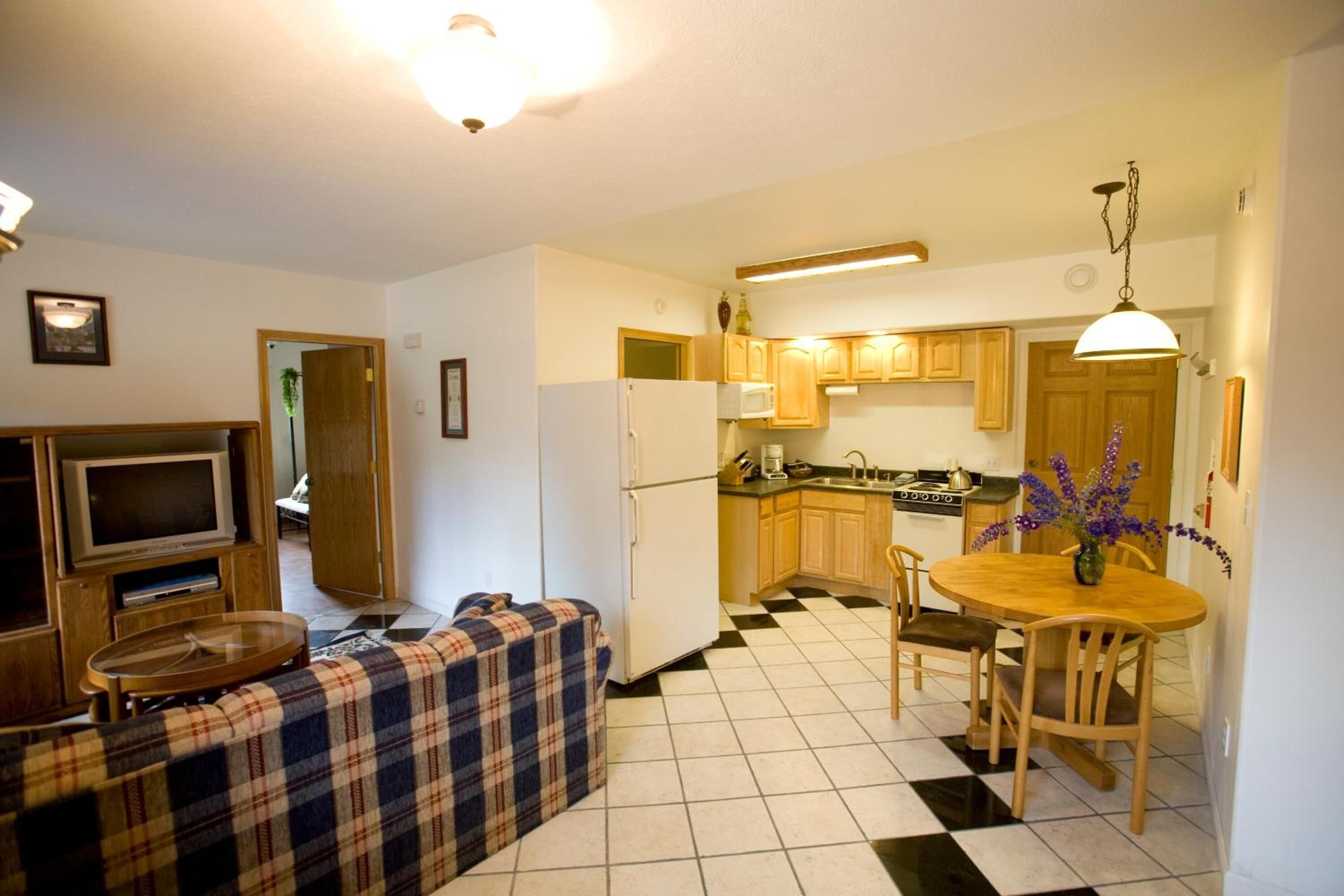 A compact living space with a kitchenette, a dining area, and a seating area with a television and sofa.