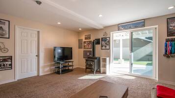 Televisión de pantalla plana, chimenea, reproductor de DVD y libros