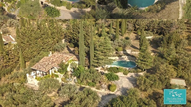 An aerial view of a property with multiple swimming pools, a central building, and surrounding greenery. - Beautiful stone house in olive grove, great pool area and garden, panoramic view (Callas)