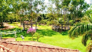Un giardino rigoglioso con un ponte di legno, un gazebo e un vialetto.