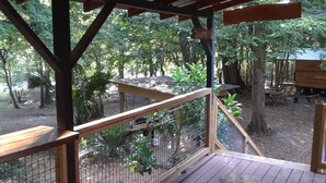 A wooden deck with a metal railing overlooking a forested area. - Bowman's Landing Spring House on the Santa Fe River (Fort White)