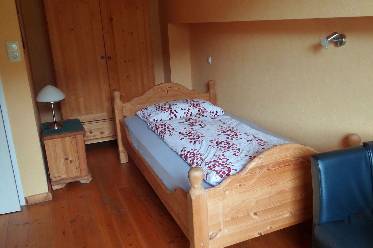 A single wooden bed with a patterned bedspread, a small wooden nightstand with a lamp, and a leather chair.