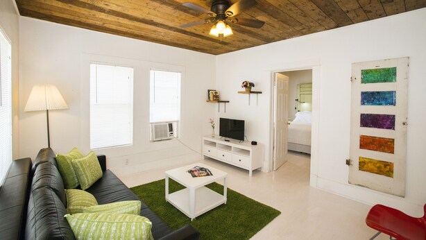 A modern living room with a black leather sofa, a white coffee table, a television on a white stand, a ceiling fan, and a door with colorful panels. - Downtown Historic Neighborhood, great location. (San Antonio)
