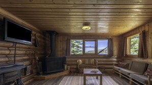 A log cabin interior with a fireplace, wooden furniture, and a television mounted on the wall. - Beautiful lakeside retreat - Perfect for the adventuresome family -pet friendly (Dubois)