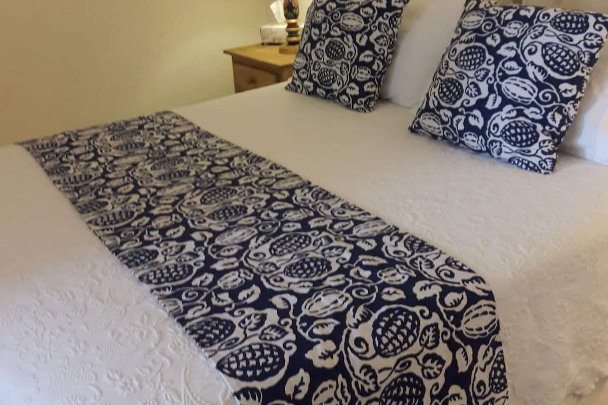 Un lit bien fait, recouvert d’une couvre-lit à motifs, avec deux oreillers ornés d’un motif cachemire, une lampe de chevet et un miroir accroché au mur.