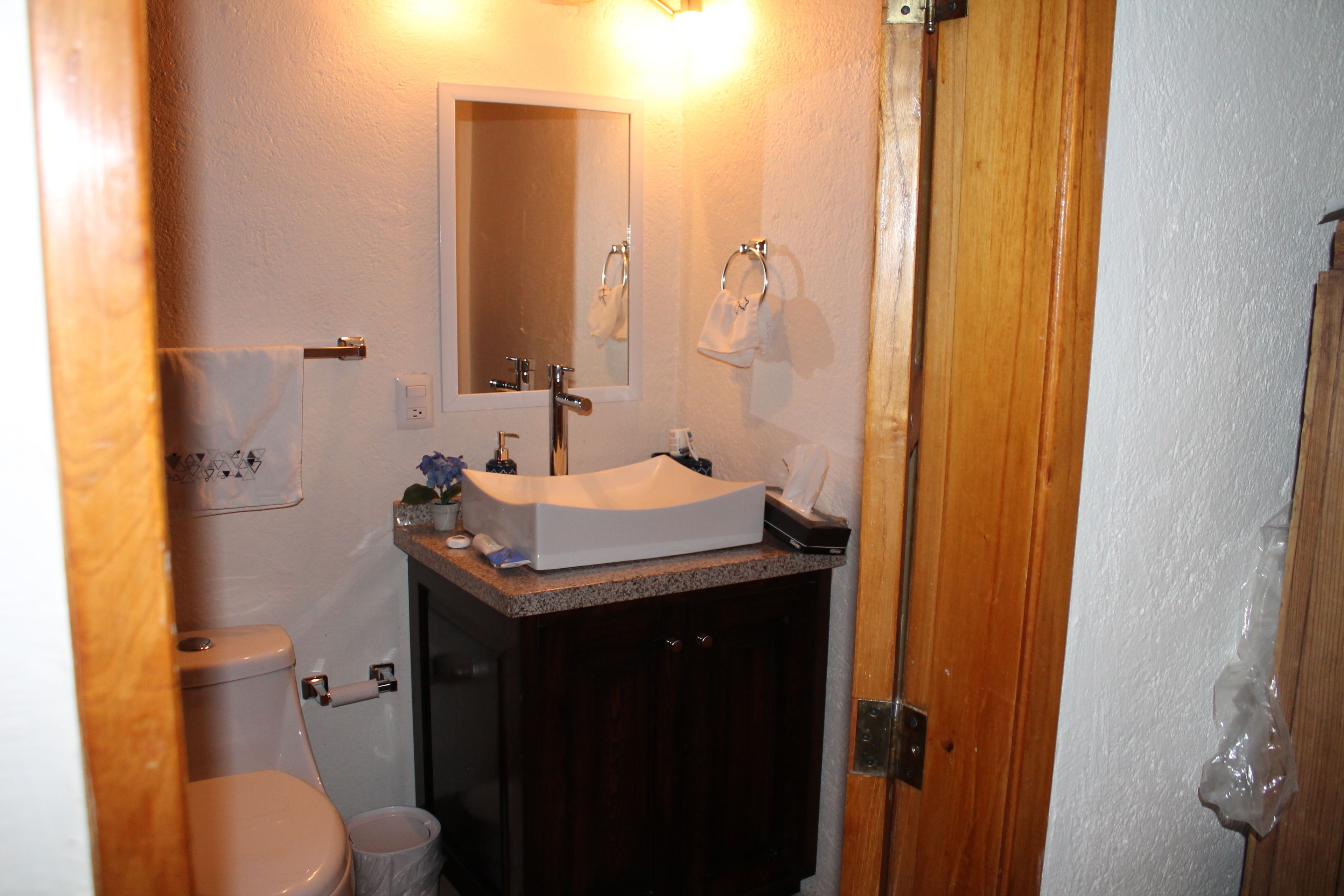 Ein Badezimmer mit Waschbecken, Spiegel, Toilette und Holzschrank.