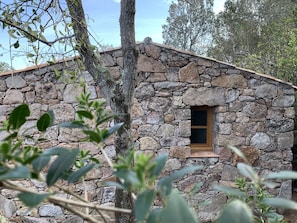 A stone building with a small window and a tree in the foreground. - AUTHENTIC BERGERIE (SOTTA)