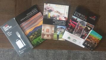 Diverse guide turistiche su un tavolo di legno.