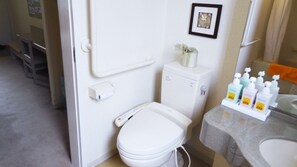 Duschwanne, Haartrockner, Toilette mit elektrischem Bidet, Handtücher