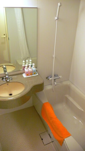 Combined shower/bathtub, hair dryer, electronic bidet, towels