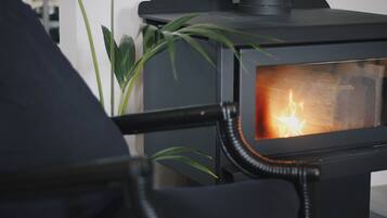 Una stufa a legna in legno nero con fiamme visibili, una sedia nera e una pianta verde in primo piano.