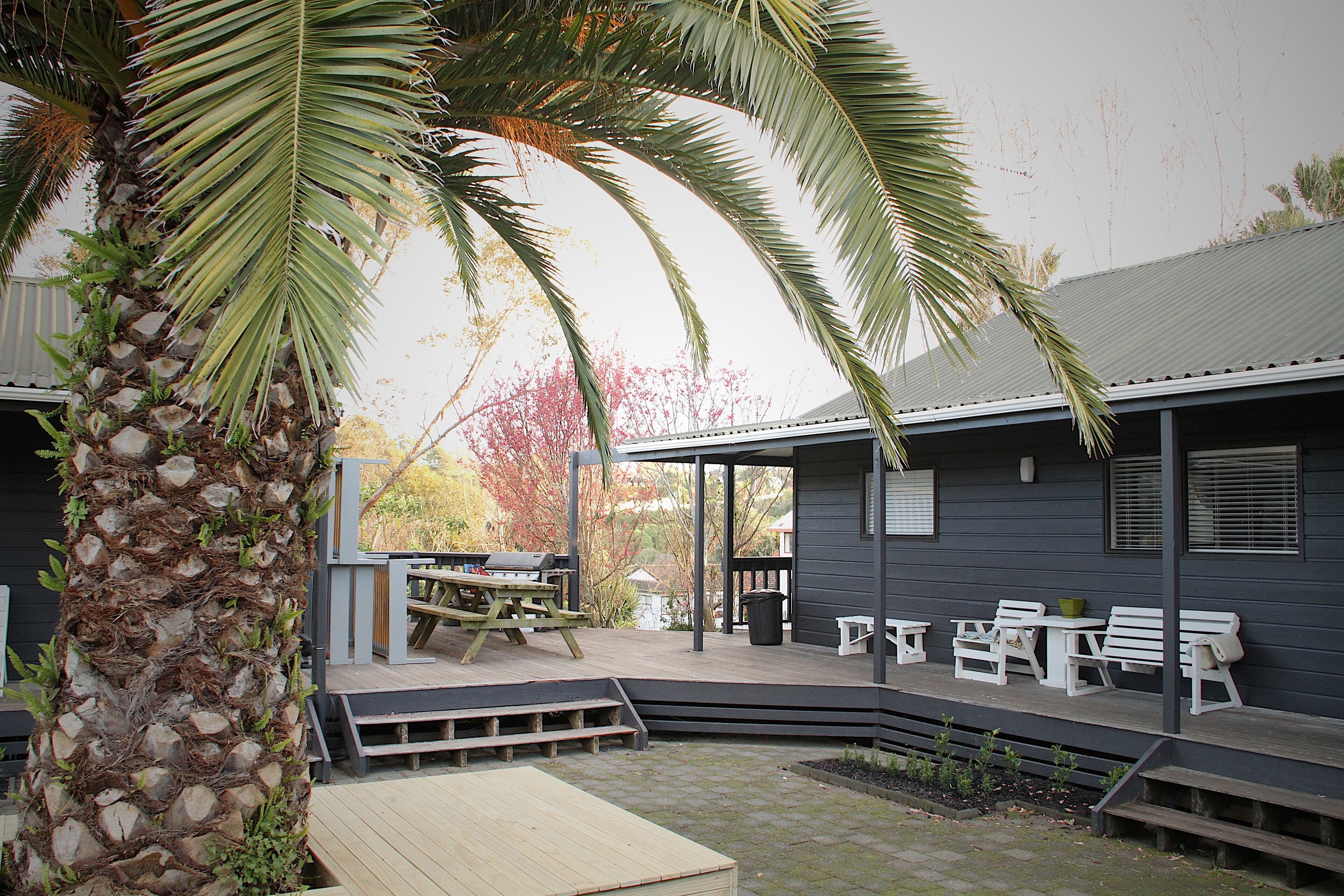 A covered outdoor patio with a wooden table and benches, surrounded by a palm tree and a house with a dark exterior.