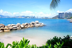 Private beach, beach umbrellas, beach towels, snorkeling