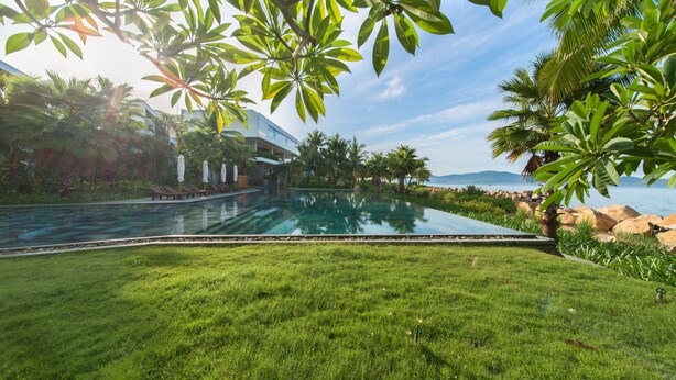 Una piscina infinita moderna con vistas despejadas al océano, rodeada de abundante follaje y palmeras.