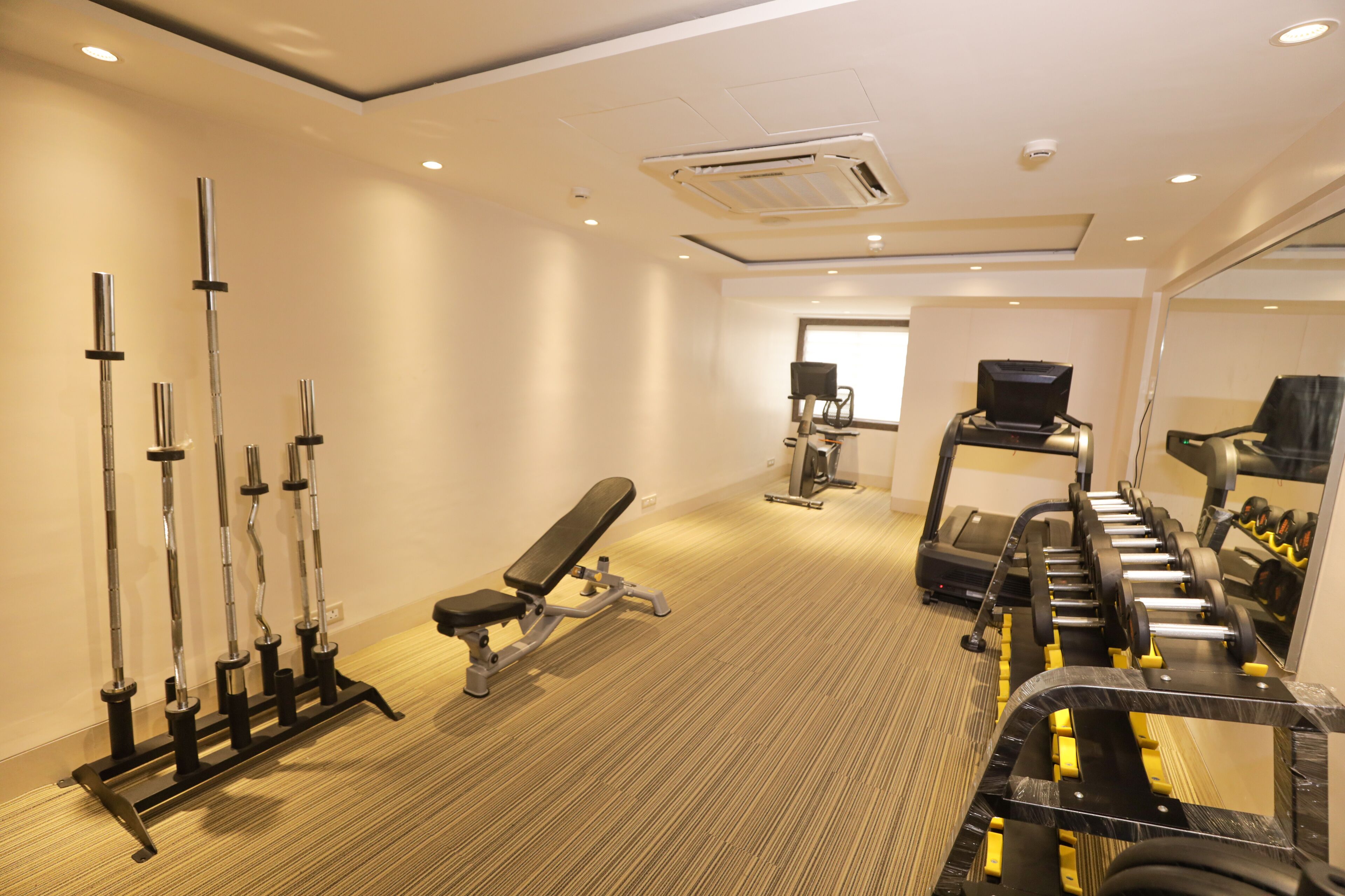 A gym with exercise equipment, a bench, and a treadmill.