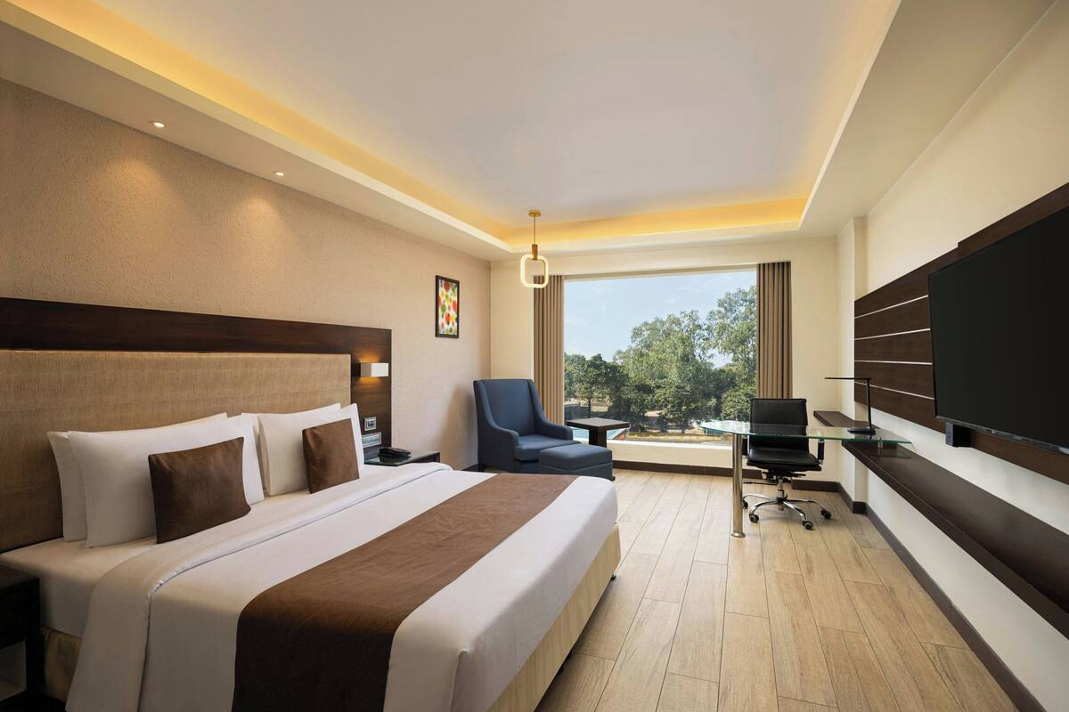 A hotel room with a large bed, a desk, a chair, a TV, and a window with a view of trees.