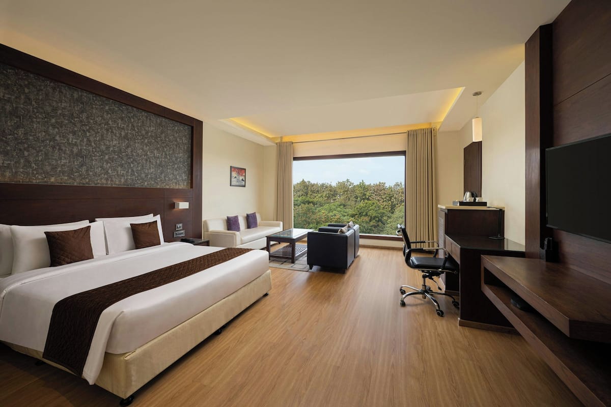 A hotel room with a large bed, a desk, a chair, a television, and a view of the outdoors.