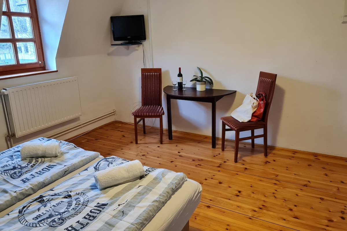 A room with a bed, two chairs, a small table with a bottle and glasses, a TV, and a window.